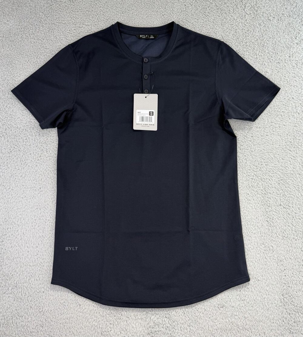 Bylt Shirt Mens Small Everyday Henley Short Sleeve T Shirt Running Workout Navy